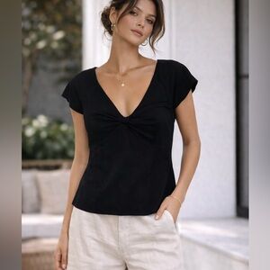 Madewell Black‎ V-Neck Blouse – Twist Front – Cap Sleeve – Size 0 (NWT)